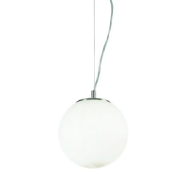 Lámpara de suspensión Mapa blanca con estructura de metal cromado y difusor de vidrio soplado disponible en tres medidas