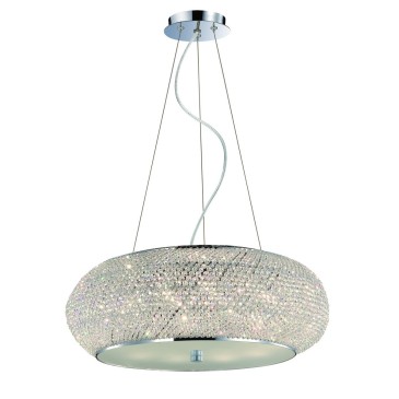 Pashà suspension lamp in chromed metal and diffuser composed of rows of cut crystal pearls