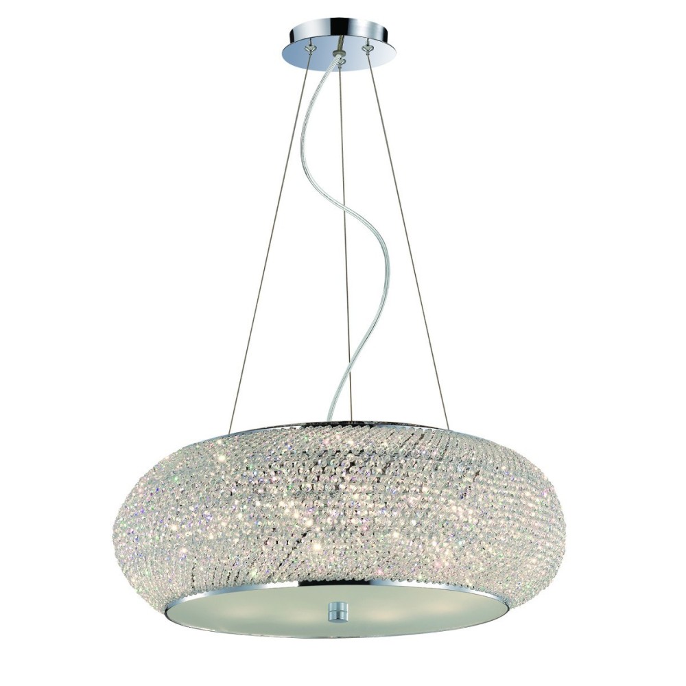 Lampe à suspension Pashà en métal chromé et diffuseur composé de rangées de perles en cristal taillé