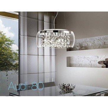 Audi-80 8-bulb pendant lamp in chromed metal and decorative glass elements
