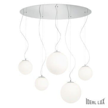 Mapa White 5-light suspension lamp with chromed metal structure and white blown glass