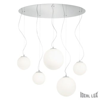5-light white Mapa suspension lamp with chromed metal structure and white blown glasses