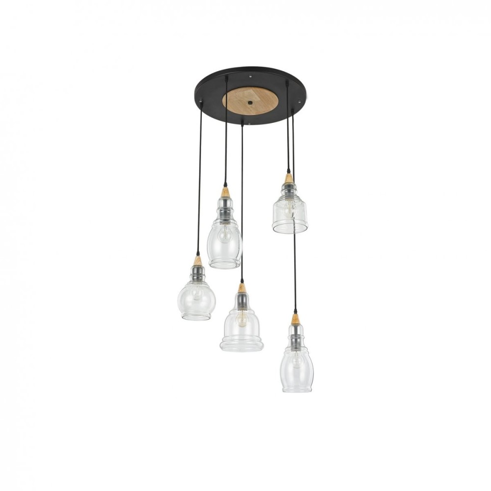 Gretel hanglamp met 5 lampjes in mat zwart metaal en geblazen glas