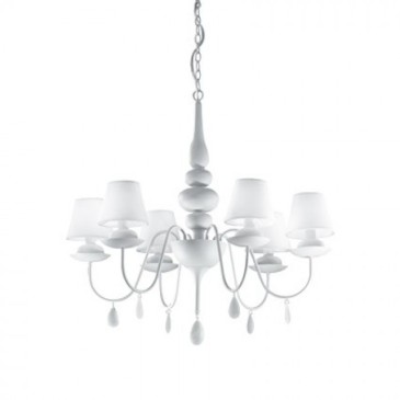Lampe à suspension Blanche à 6 lumières. Structure en métal peint blanc avec abat-jour recouvert de tissu