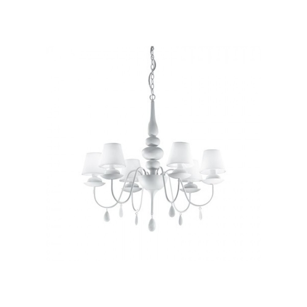 Suspension lamp Blanche with 6 lights. White painted metal structure with fabric covered lampshade