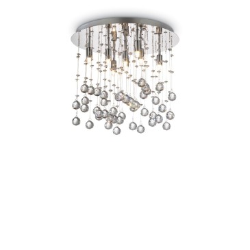 Luminária de teto luar com 8 luminárias com estrutura em metal cromado e pendentes com octógonos e esferas de cristal