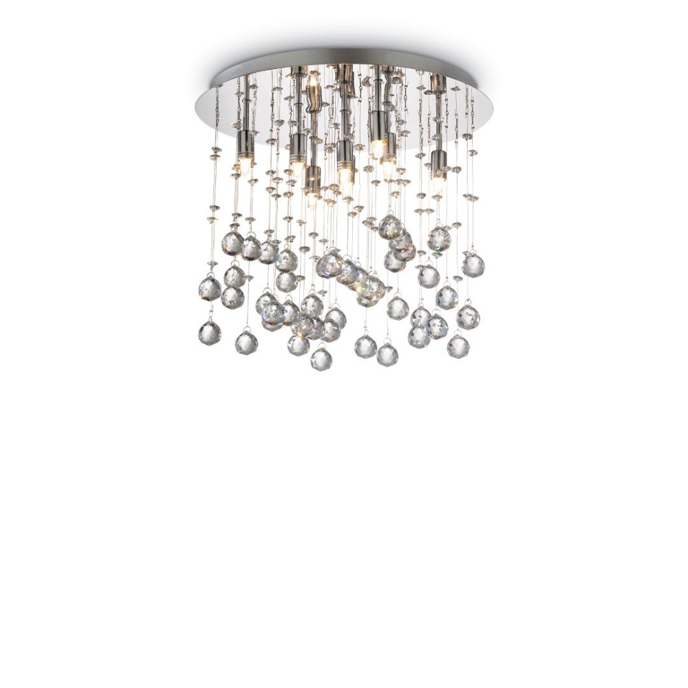 Lámpara de techo Moonlight de 8 luces con estructura de metal cromado y colgantes con octágonos y esferas de cristal