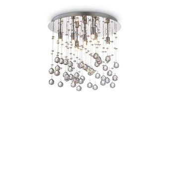 8 lights Moonlight ceiling lamp with chromed metal structure and pendants with octagons and crystal spheres