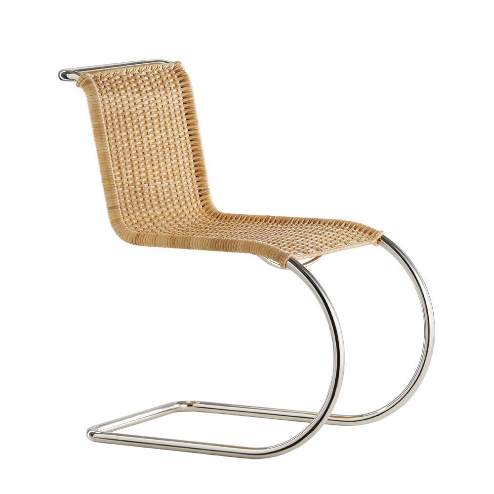 Heruitgave van de Mr Chair van Ludwig Mies van Der Rohe in leer of rotan met of zonder armleuningen