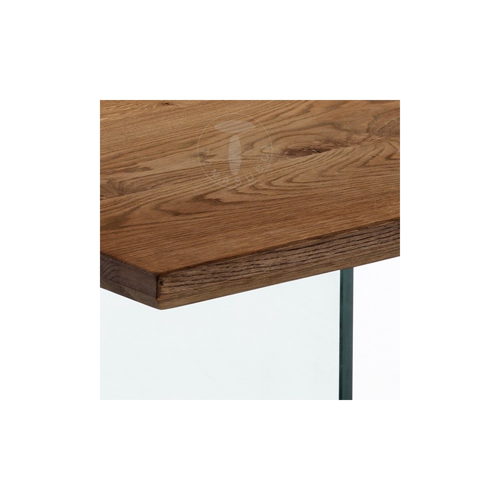 Table à manger ou bureau Float de Tomasucci avec structure en verre et plateau en bois massif