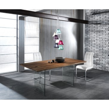Float dining table by Tomasucci with glass structure and solid wood top