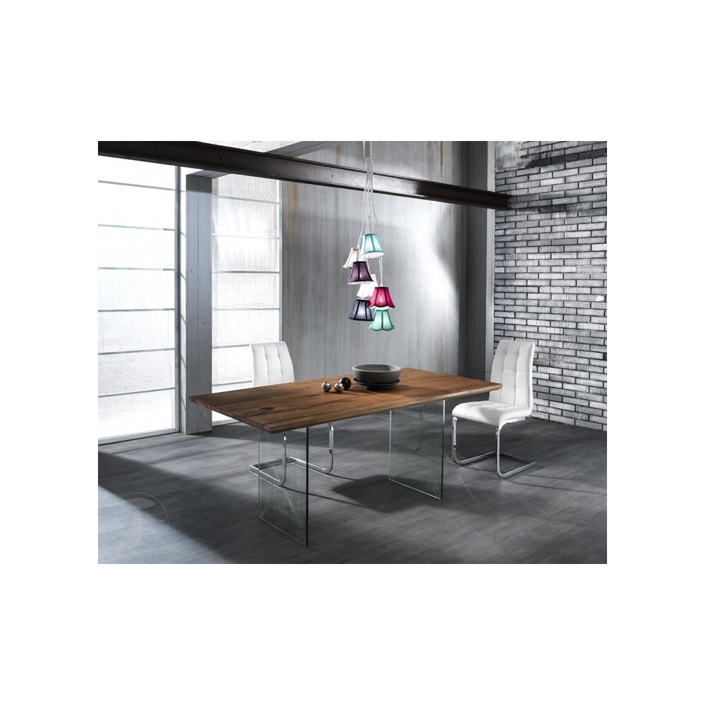 Mesa de comedor o escritorio Float de Tomasucci con estructura de vidrio y tapa de madera maciza