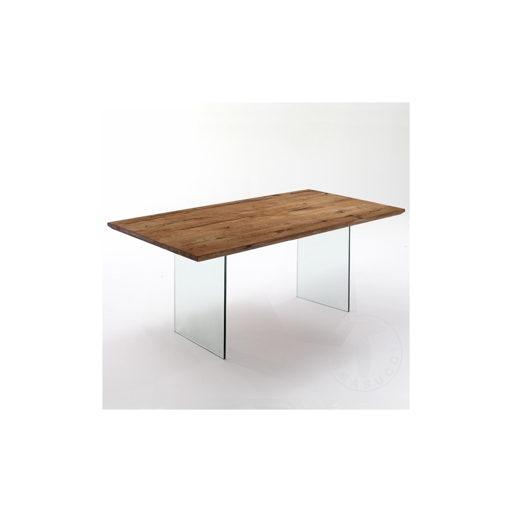 Mesa de comedor o escritorio Float de Tomasucci con estructura de vidrio y tapa de madera maciza