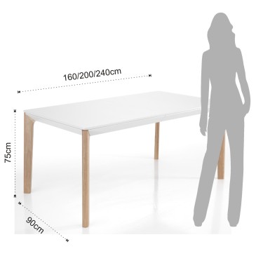 Table extensible Varm de Tomasucci avec pieds en chêne massif et plateau en MDF laqué blanc mat
