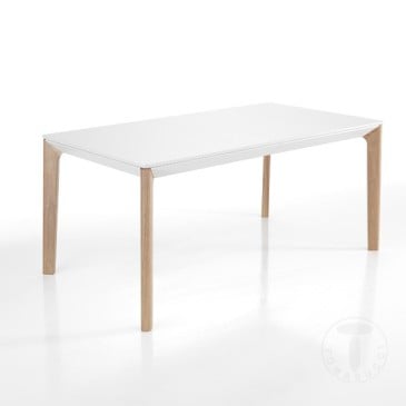 Varm extendable table by Tomasucci with solid oak legs and matt white lacquered MDF top