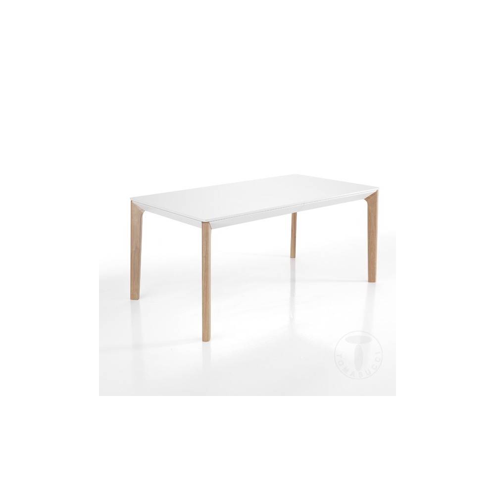 Varm extendable table by Tomasucci with solid oak-colored legs and top in matt white lacquered MDF