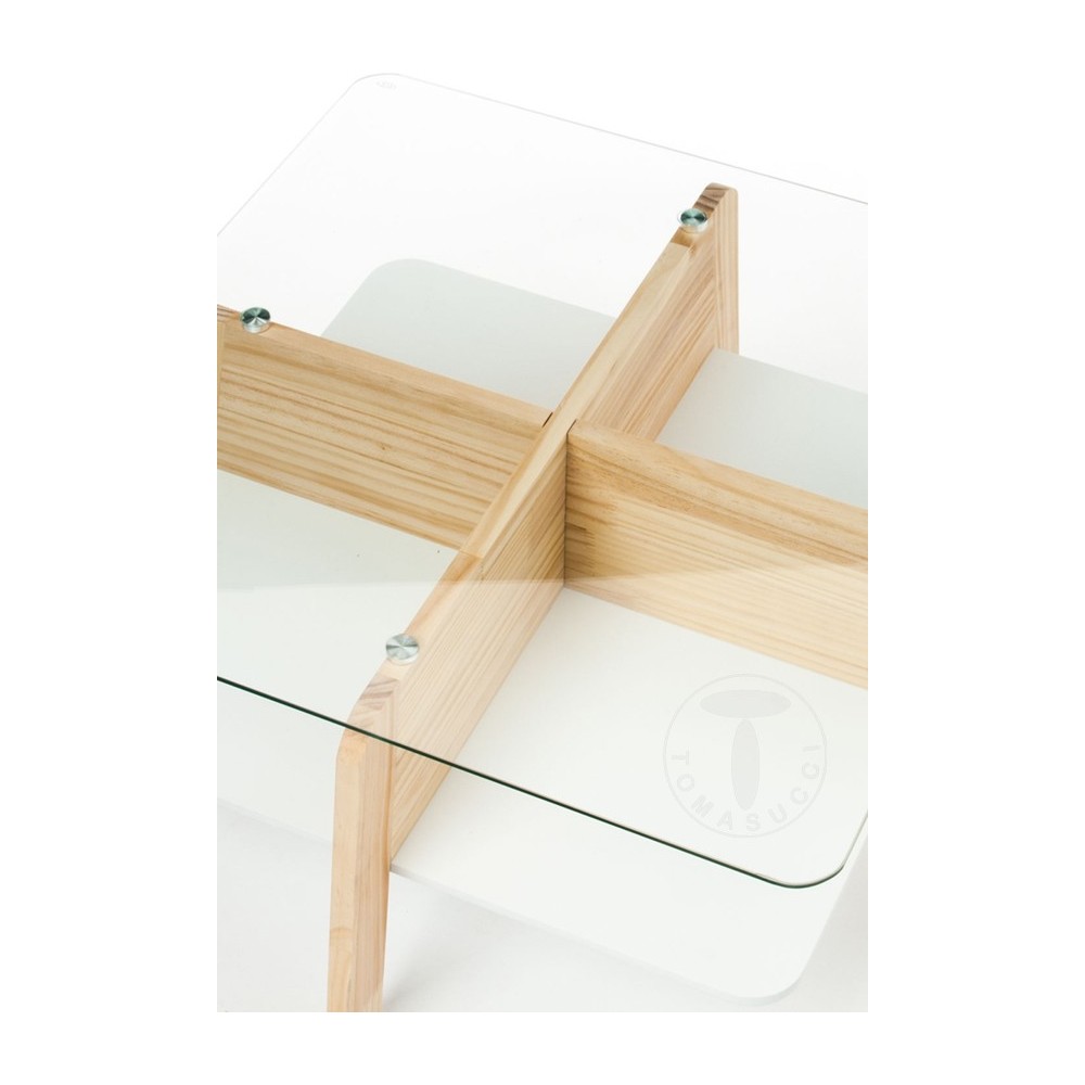 Table de salon Varm de Tomasucci avec bois finition chêne et plateau en verre trempé transparent