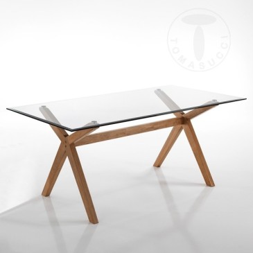 Mesa fixa Kyra-x da Tomasucci em madeira maciça e tampo em vidro temperado com acabamento em polimento