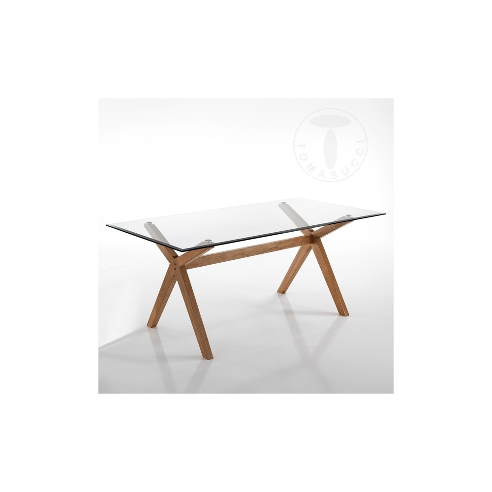 Tavolo fisso Kyra-x di Tomasucci in legno massello e piano in vetro temperato rifinito con molatura