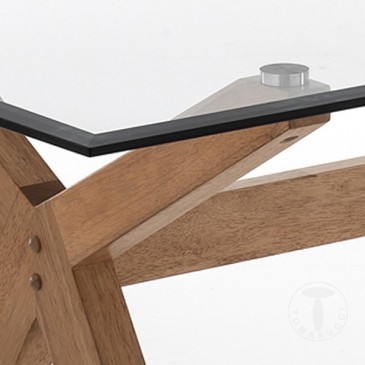 Mesa fija Kyra-x de Tomasucci en madera maciza y tapa de vidrio templado con acabado pulido