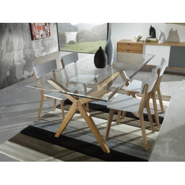 Table fixe Kyra-x de Tomasucci en bois massif et plateau en verre trempé fini avec meulage