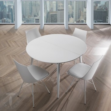 Astro Round jatkettava pyöreä pöytä, jossa kiiltävä valkoinen metallirakenne ja kiiltävä valkoinen lakattu puinen kansi