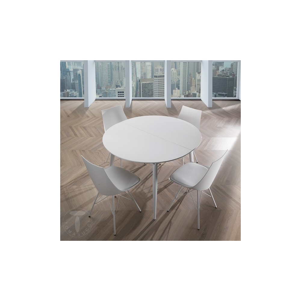 Astro Round ausziehbarer runder Tisch mit Struktur aus glänzendem Weißmetall und Platte aus glänzend weiß lackiertem Holz