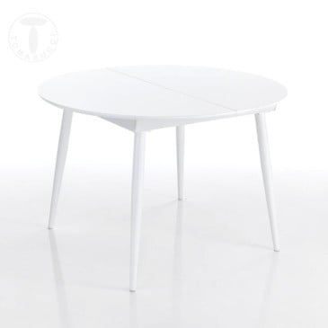 Astro Round extendable round table with glossy white metal structure and glossy white lacquered wooden top