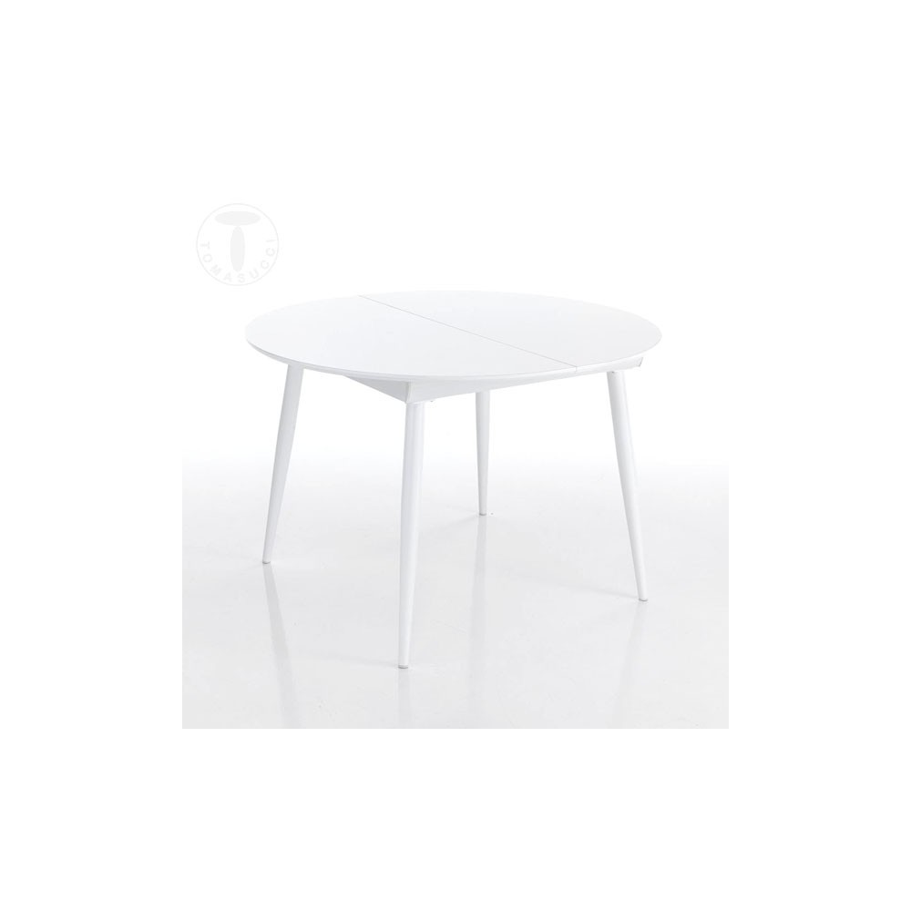 Astro Round extendable round table with structure in glossy white metal and top in glossy white lacquered wood
