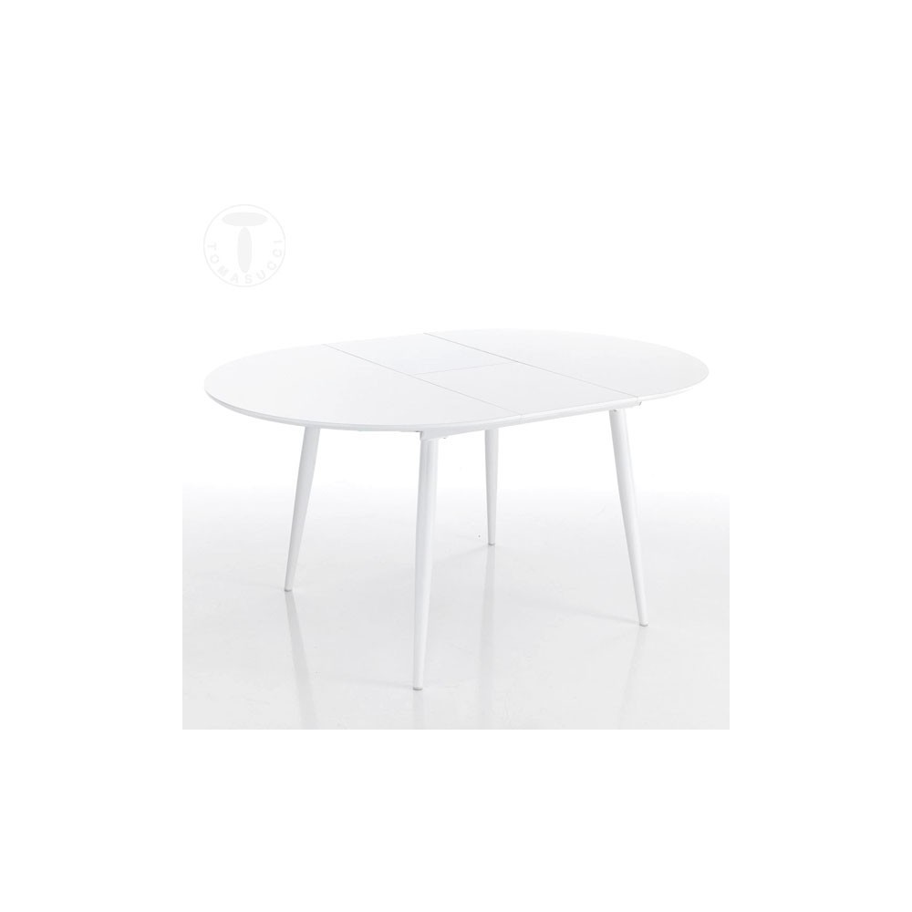 Astro Round ausziehbarer runder Tisch mit Struktur aus glänzendem Weißmetall und Platte aus glänzend weiß lackiertem Holz