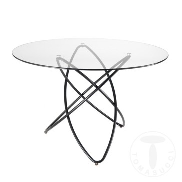 Runder Hula Hoop Tisch mit schwarzer Metallstruktur und Paino erhältlich in Holz oder Glas Diam. 120