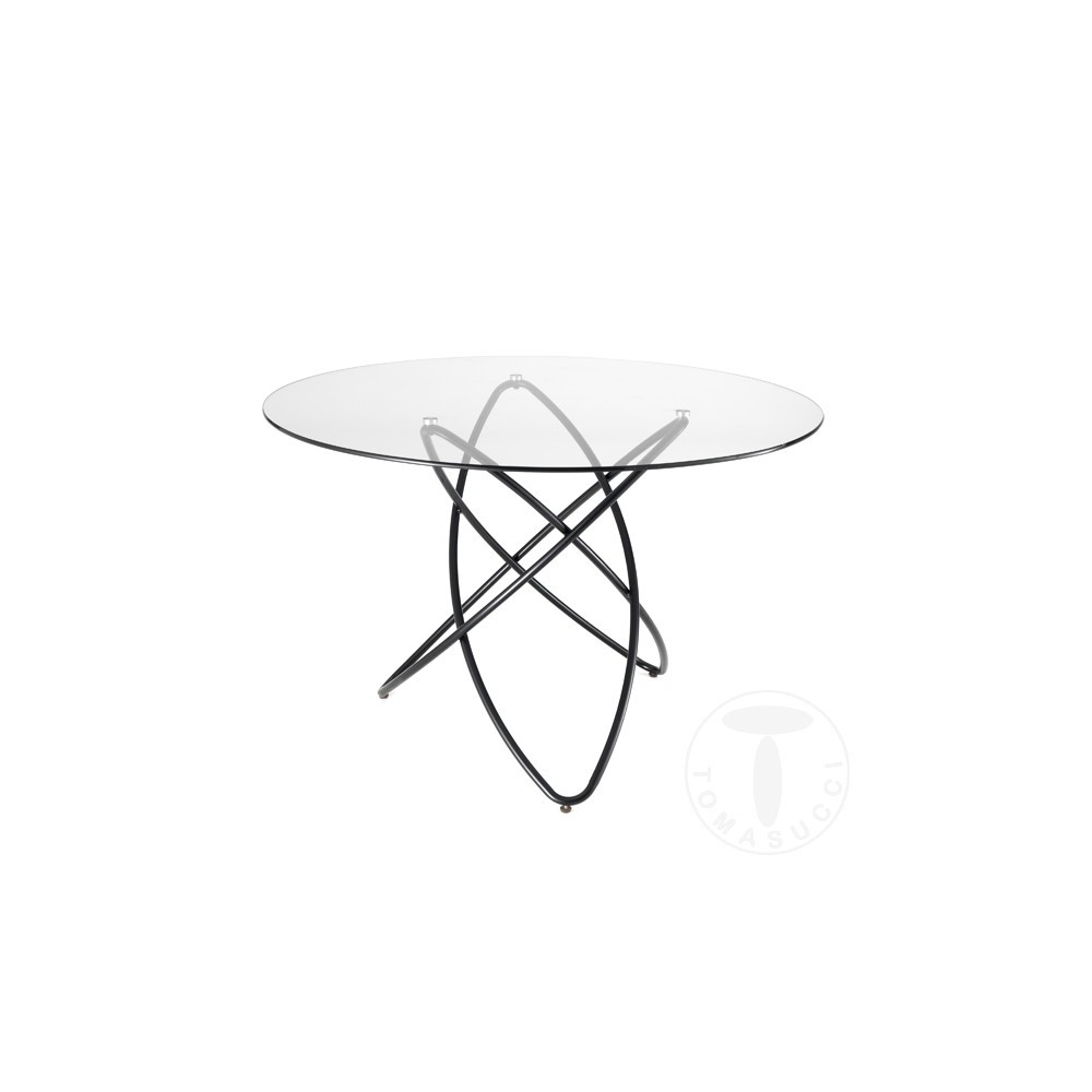 Tavolo rotondo Hula Hoop, base in metallo dalla forma originale, vetro