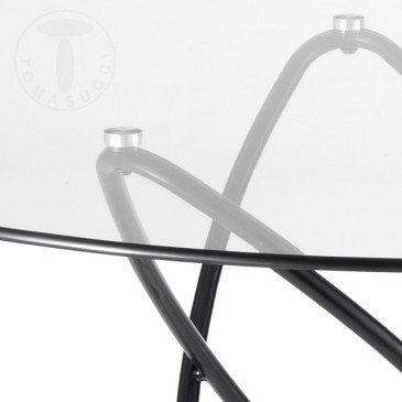Mesa redonda Hula Hoop con estructura de metal negro y paino disponible en madera o vidrio Diam.120