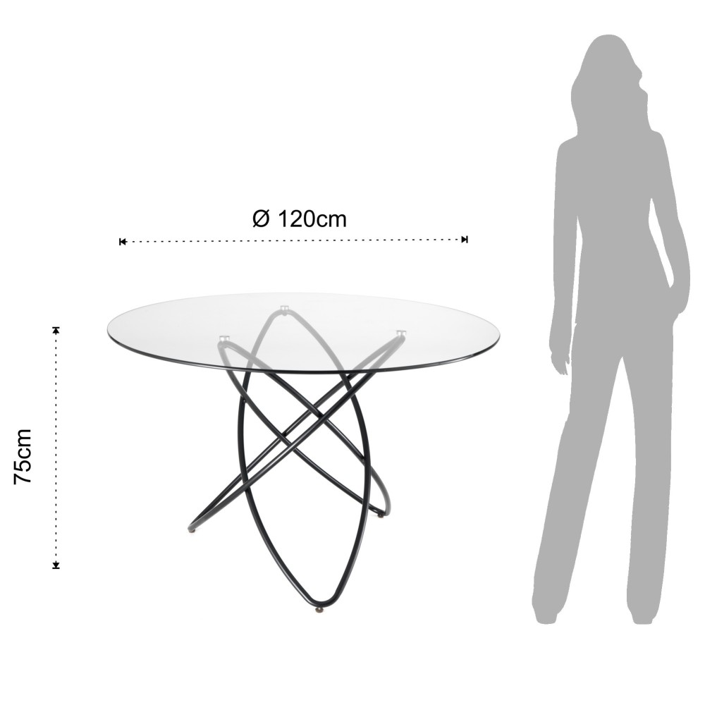 Ronde Hula Hoop tafel met zwart metalen frame en paino verkrijgbaar in hout of glas Diam.120