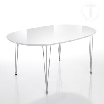 Elegant oval extendable table by Tomasucci with stainless steel structure and glossy white MD top