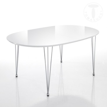 Eleganter ovaler ausziehbarer Tisch von Tomasucci mit Struktur aus Edelstahl und Platte aus glänzend weißem MD