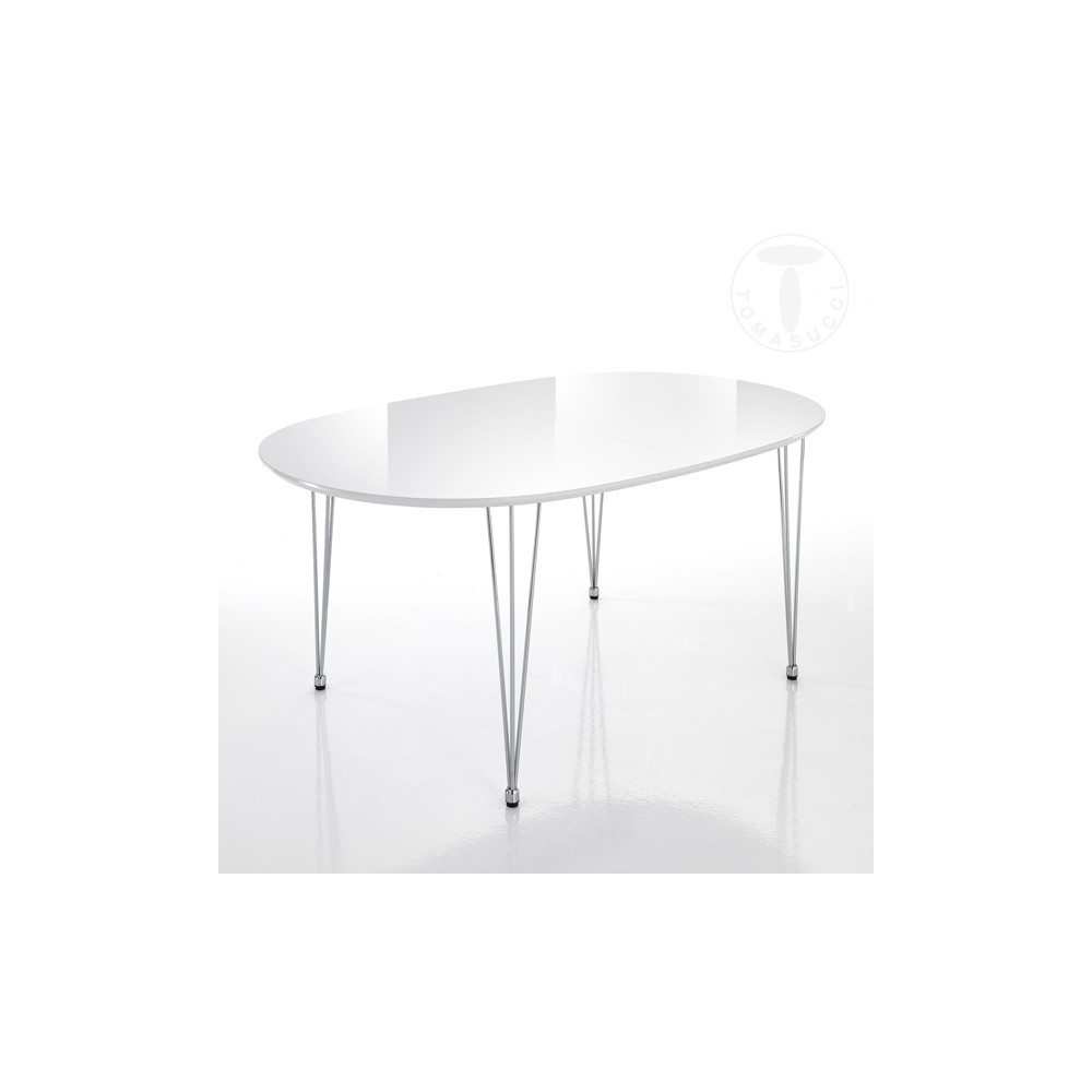 Elegant ovalt utdragbart bord från Tomasucci med struktur i rostfritt stål och blank vit MD-skiva