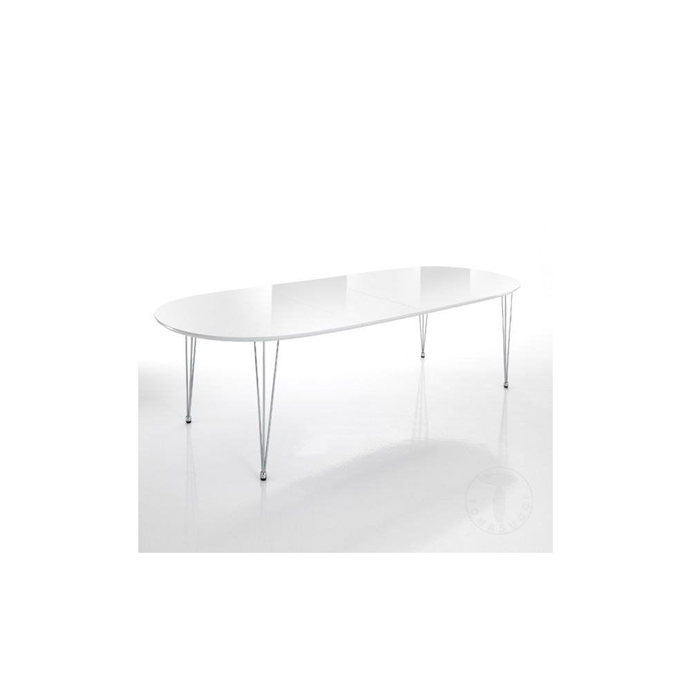 Elegante ovale uitschuifbare tafel van Tomasucci met roestvrijstalen structuur en glanzend wit MD-blad