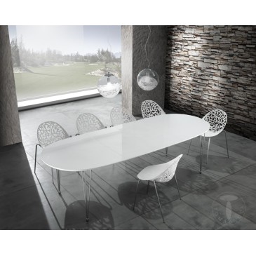 Eleganter ovaler ausziehbarer Tisch von Tomasucci mit Struktur aus Edelstahl und Platte aus glänzend weißem MD