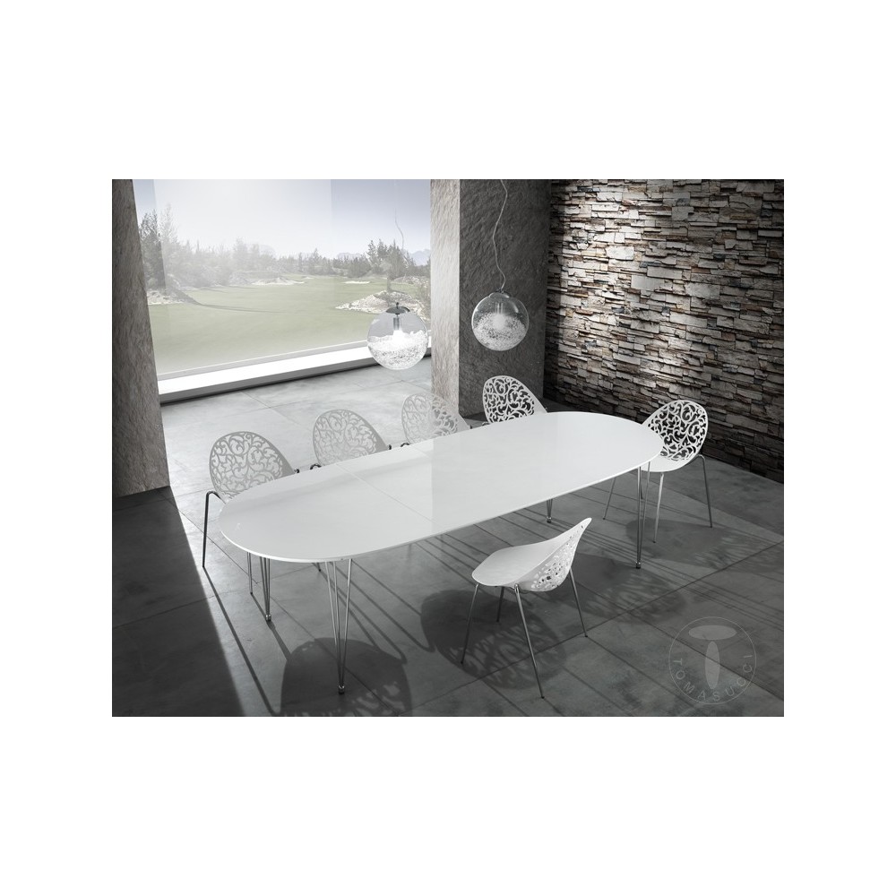 Elegant oval extendable table by Tomasucci with structure in stainless steel and top in bright glossy white MD