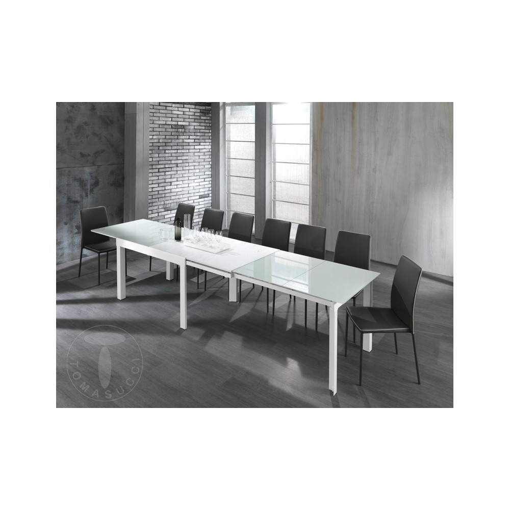 Long White extendable table by Tomasucci with white metal structure and white painted tempered glass top