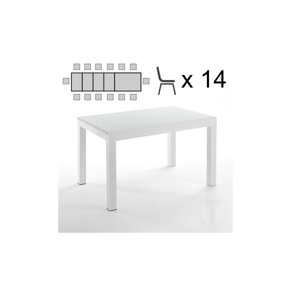 Lange witte allingable tafel van Tomasucci met wit metalen structuur en wit gelakt gehard glazen blad