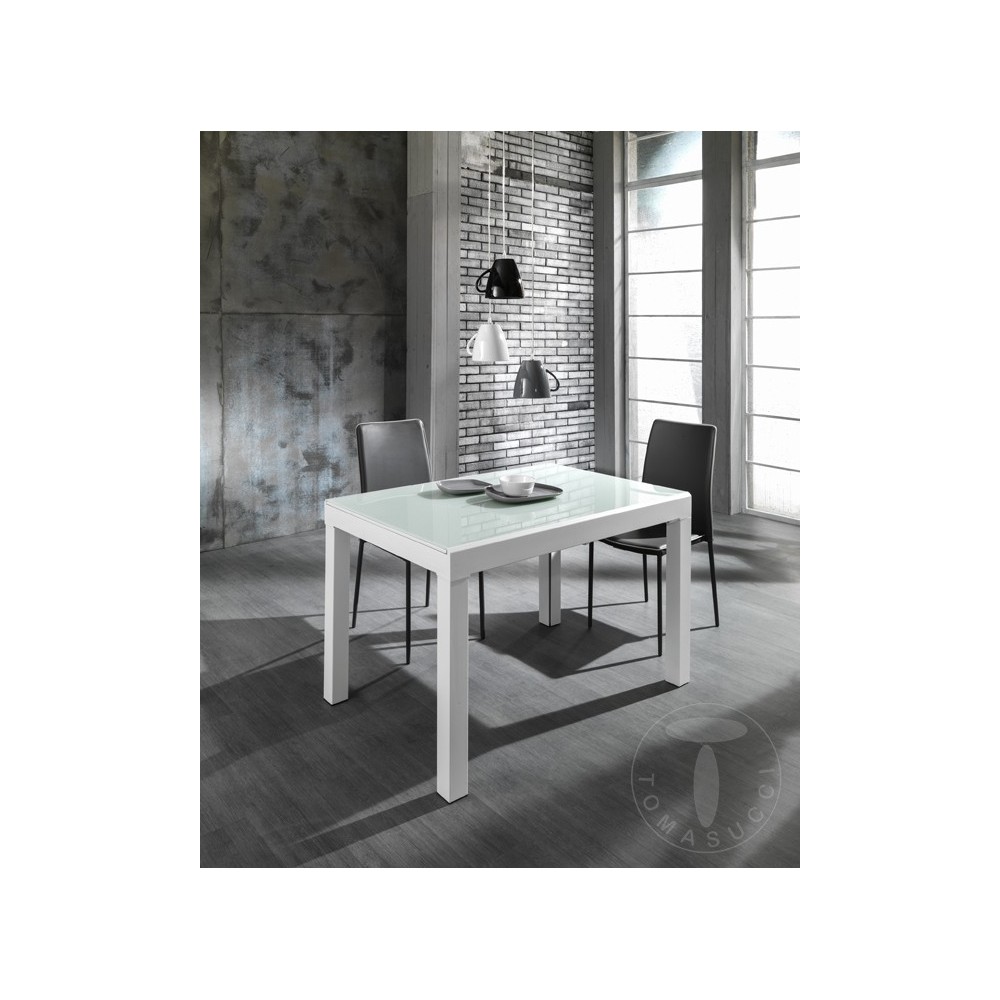 Long White extendable table by Tomasucci with white metal structure and white painted tempered glass top