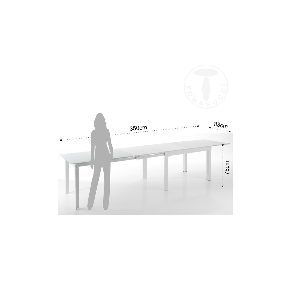Langer weißer ausziehbarer Tisch von Tomasucci mit weißer Metallstruktur und weiß lackierter Platte aus gehärtetem Glas