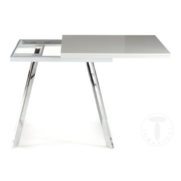 Tavolo rettangolare allungabile Riky di Tomasucci con struttura in metallo cromato e piano in legno MDF laccato bianco lucido