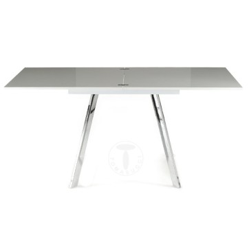 Mesa extensible rectangular Riky de Tomasucci con estructura de metal cromado y tablero de madera MDF lacada en blanco brillante