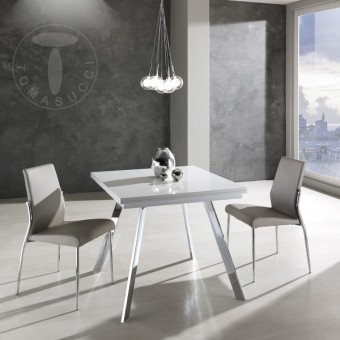 Riky extendable rectangular table by Tomasucci with chromed metal structure and glossy white lacquered MDF top