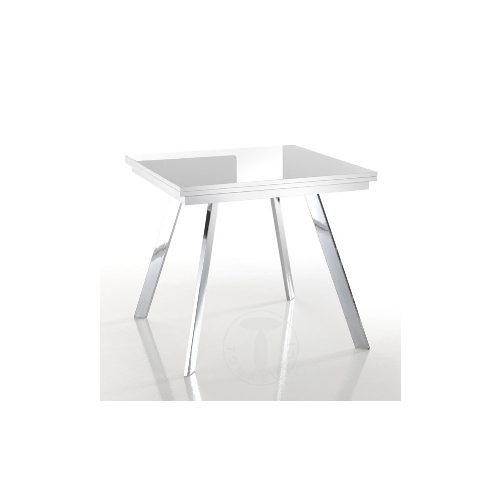 Riky uitschuifbare rechthoekige tafel van Tomasucci met verchroomd metalen frame en blad in glanzend wit gelakt MDF hout