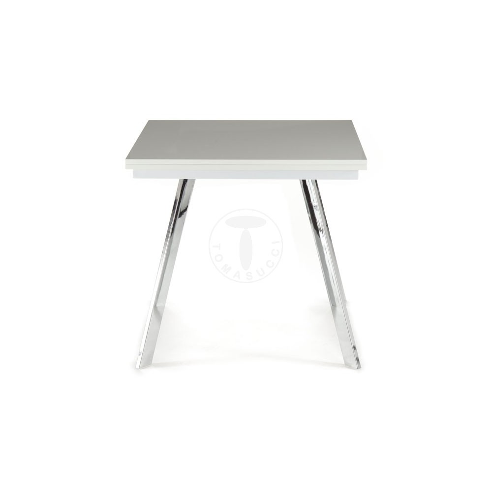 Riky ausziehbarer rechteckiger Tisch von Tomasucci mit verchromter Metallstruktur und glänzend weiß lackierter MDF-Platte