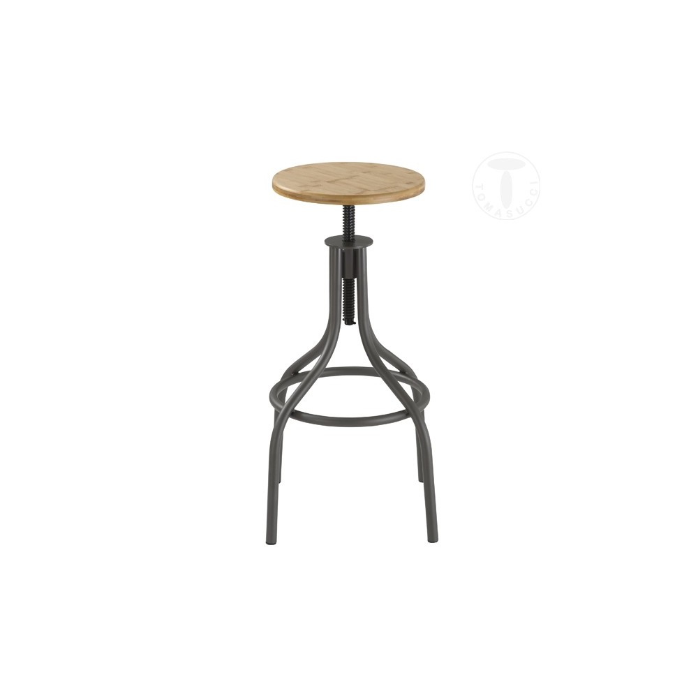 Taburete Vuntage Pajo de Tomasucci con estructura de metal disponible en dos acabados y asiento de madera ajustable con tornillo